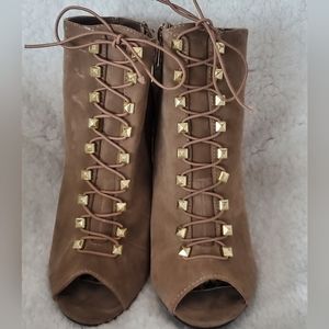 Lace Up Peep Toe Bootie with Gold Studs